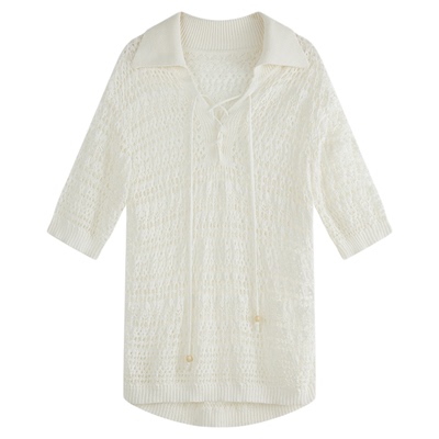 SETTE SEVEN·度假风多种镂空肌理绑带Polo钩花罩衫