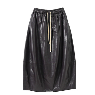 欧洲站植鞣小羊皮真皮花苞裙皮长裙松紧腰休闲宽松南瓜裙2025新款