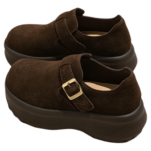 6CM厚底全包勃肯鞋女2026新款春季加绒保暖单鞋复古皮鞋增高鞋子