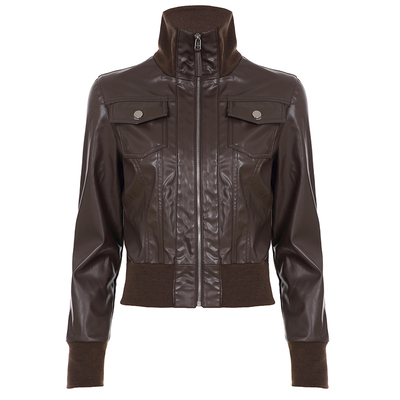 WEEKEEP 复古工装风棕色立领口袋长袖皮夹克女秋冬修身拉链短外套