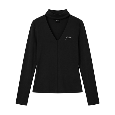 AKTK V形镂空高领修身时尚黑色打底衫女内搭长袖上衣休闲时尚洋气