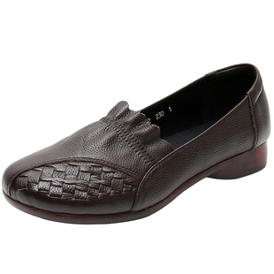 登云舒适复古一脚蹬妈妈鞋春秋款牛筋软底真皮女鞋中老年单鞋皮鞋