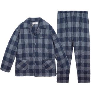 美标新款冬季保暖三层加厚梭织纯棉夹棉男士睡衣套装开衫家居服