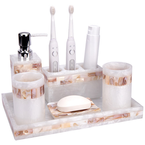 轻奢贝壳卫浴五件套 卫生间洗手台洗漱套件电动牙刷架漱口杯套装