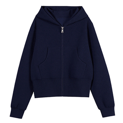 藏青色正肩开衫拉链卫衣连帽外套