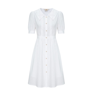 【初恋裙】Eland衣恋连衣裙女翻领泡泡袖门襟塔克裙2025夏季新款