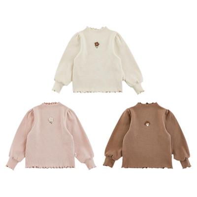 幼悠 女童毛绒刺绣法式坑条打底衫冬季甜美可爱波浪密边泡泡袖T恤