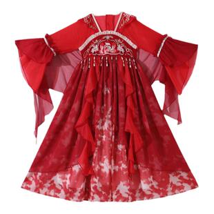 女童春秋汉服儿童古风唐装女孩中国风古装红色古风超仙襦裙新中式