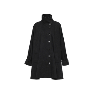 APOZi collection/镜水浮金/黑色宽松中长款外套高领斗篷开叉大衣