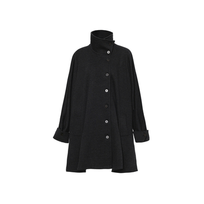 APOZi collection/镜水浮金/黑色宽松中长款外套高领斗篷开叉大衣