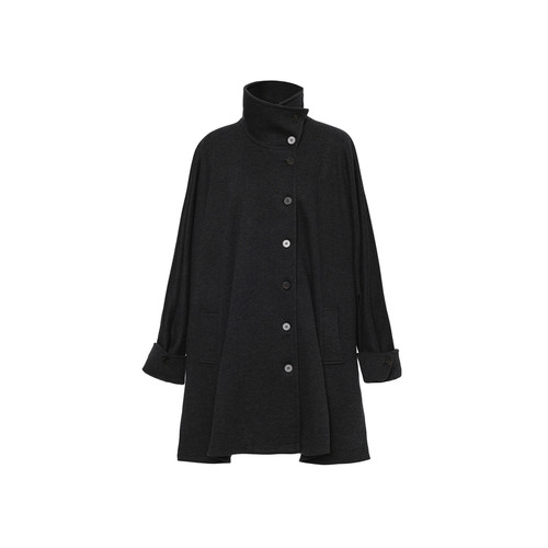 APOZi collection/镜水浮金/黑色宽松中长款外套高领斗篷开叉大衣