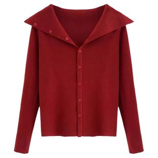 韩系减龄气质红色翻领内搭打底针织衫毛衣开衫女春秋冬季长袖上衣
