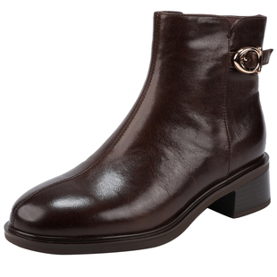 复古加绒保暖真皮短靴女2026春季新款粗跟通勤百搭瘦瘦靴时装靴子