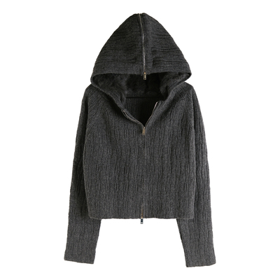 毛绒绒兔毛连帽针织开衫短款拉链