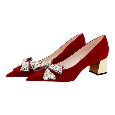 Mutuallove新娘婚鞋女粗跟蝴蝶结