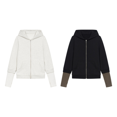 假两件拼接袖撞色正肩连帽卫衣