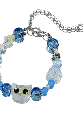 【海屿喵星】MIES原创设计小猫手串蓝色珠子手链女可爱卡通饰品