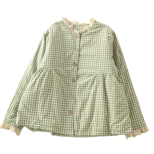 清新文艺木耳花边立领加棉加厚纯棉格子衬衫女冬季宽松娃娃衫外套