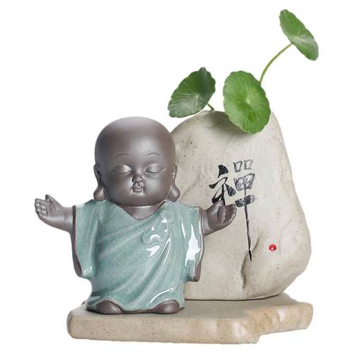 哥窑茶宠 个性 创意 可爱小沙弥摆件禅意小和尚可养家居摆设花盆