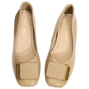 软底舒适女鞋2025春季温柔奶茶杏色低跟方头单鞋方扣浅口平底鞋子