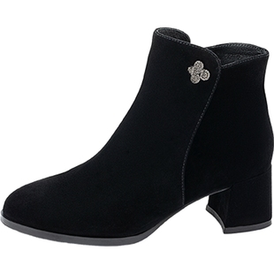 康莉商场新款羊皮短靴女2024冬季绒面粗跟时尚侧拉链小个子时装靴