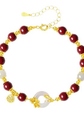 S925纯银和田玉荷花福牌手链礼物