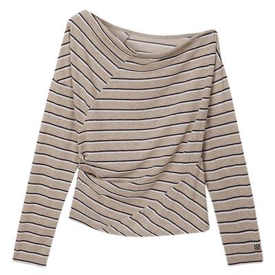 MOUSSY2026春季新品慵懒条纹不规则褶皱斜肩长袖T恤028JSA90-1027