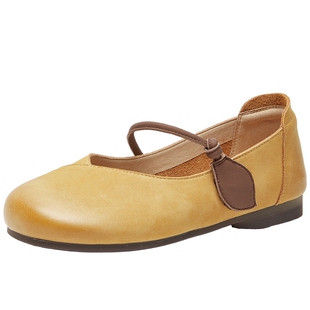 百田森新款春黄色玛丽珍小皮鞋真皮平底鞋超软晚晚鞋单鞋女