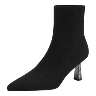 星期六高跟短靴女2025秋冬磨砂尖头细跟黑色短靴水钻弹力靴时装靴