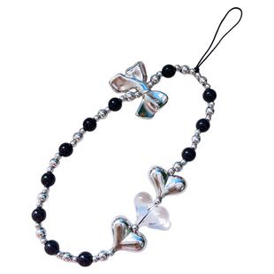 手机挂件辣妹风亮银色蝴蝶结透明银色爱心串珠适配钥匙扣ccd相机手机壳包包短款女士挂手腕防丢手机挂链配饰