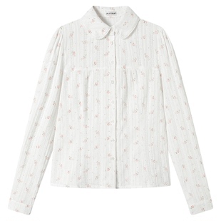 Rrichu「蔷邮甜签」原创长袖衬衫女韩系收腰显瘦娃娃领碎花上衣