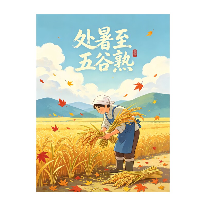 处暑五谷丰登墙贴收稻田农民收割枫叶祥云国潮节气防水装饰贴纸画