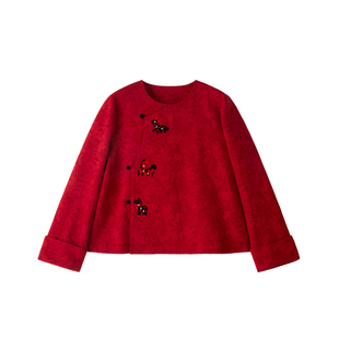 JINGJING2025新款“红罗玲珑”秋冬小马暗纹斜襟气质轻国风上衣