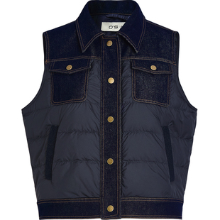 QS秸熙2025冬季新款气质通勤牛仔拼接羽绒马甲轻薄款夹克短款外套