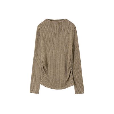 XWI欣未显瘦小蛮腰竖条纹针织T恤女秋冬抽褶设计感内搭打底衫上衣