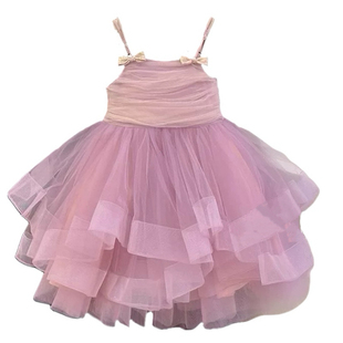 高级感女童连衣裙夏季2026漂亮儿童吊带粉色公主裙蓬蓬纱生日礼服
