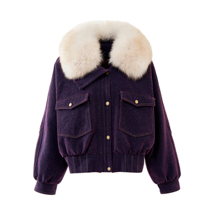 狐狸毛大毛领可拆卸牛仔鹅绒羽绒服女冬短款2025新款皮草外套时尚