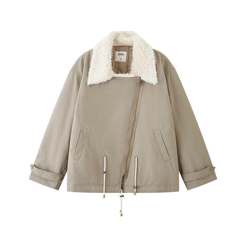 三福外套女2025新款冬季大翻领加厚加绒宽松抽绳派克服女装511932