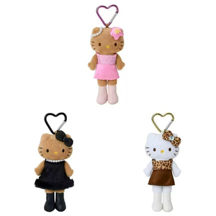 日本NIC豹纹黑皮长腿Kitty毛绒挂件可爱kt猫爱心扣书包挂饰钥匙扣