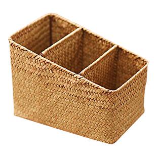 化妆品收纳篮分隔海草编三格藤编笔筒遥控器收纳盒桌面置物篮盒子