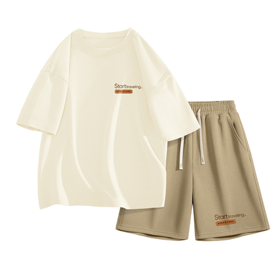 真维斯纯棉短袖男t恤夏季透气运动套装男款棕色短裤男士五分裤L