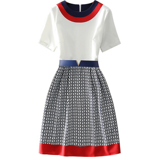 清仓春夏新款高端气质名媛女装欧美大牌中长款短袖拼接印花连衣裙