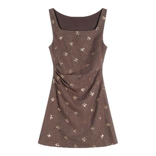 贰羊设计【叙言】复古方领珠片绣小香无袖背带裙女冬收腰气质短裙