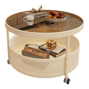 奶油风可移动茶几客厅家用小户型现代简约轻奢高级感圆形玻璃茶几