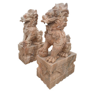 石雕麒麟一对门口摆件汉白玉石头麒麟晚霞红麒麟街道庭院别墅麒麟