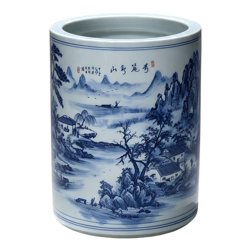 青花瓷书画卷轴缸书房字画收纳桶