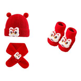 婴儿帽子秋冬新生男宝宝红色满月百天周岁针织帽新年过年红帽鞋子