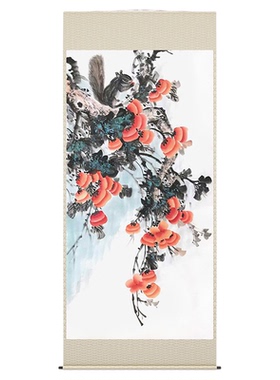 手绘国画柿子松鼠图装饰画松鼠拜寿书房挂画柿子松鼠水墨字画高雅
