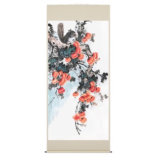 手绘国画柿子松鼠图装饰画松鼠拜寿书房挂画柿子松鼠水墨字画高雅