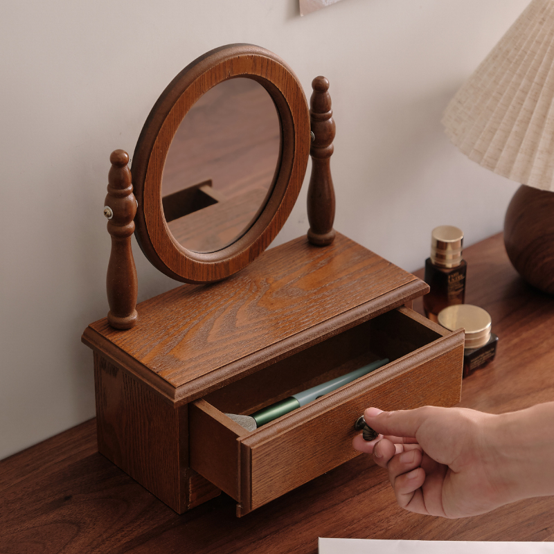 中古梳妆台镜子摆件化妆镜台式桌面复古主卧室梳妆镜学生宿舍摆件
